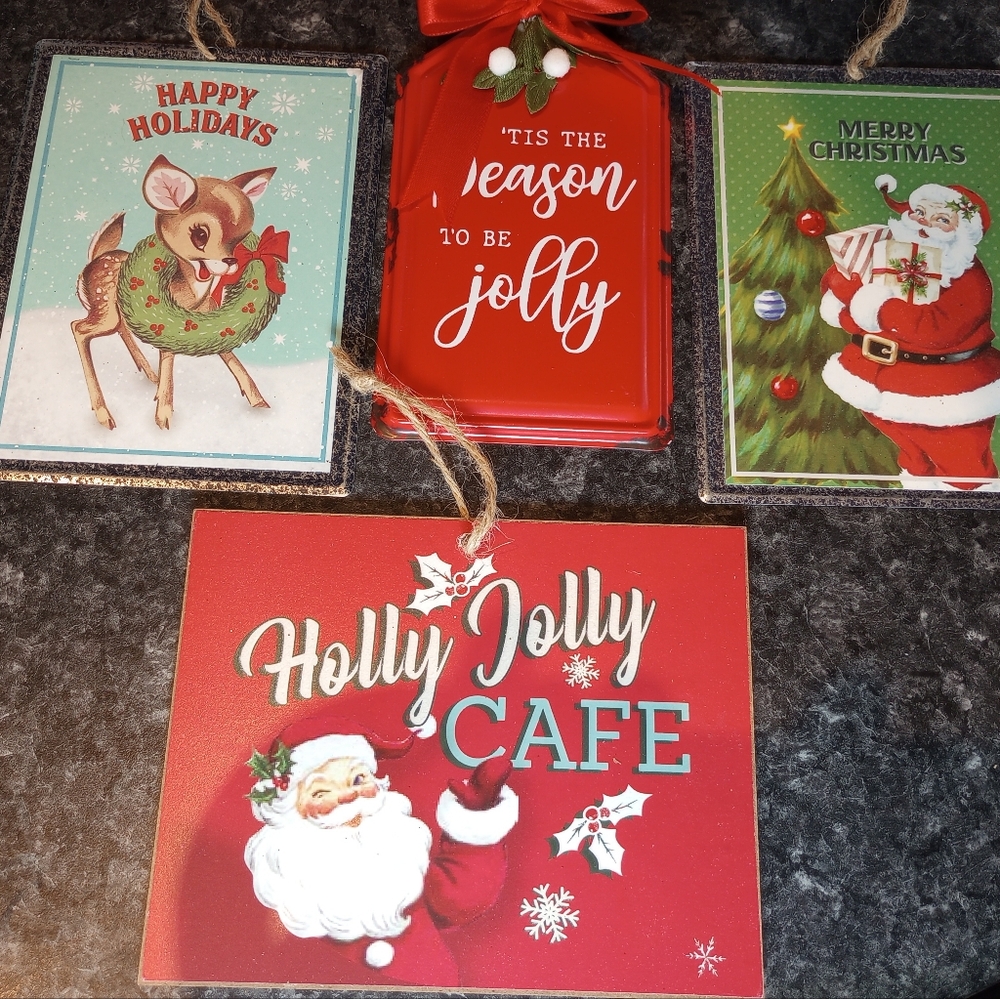 Retro Style Christmas Mini Signs Large Ornaments Santa Reindeer Holly Jolly Cafe
